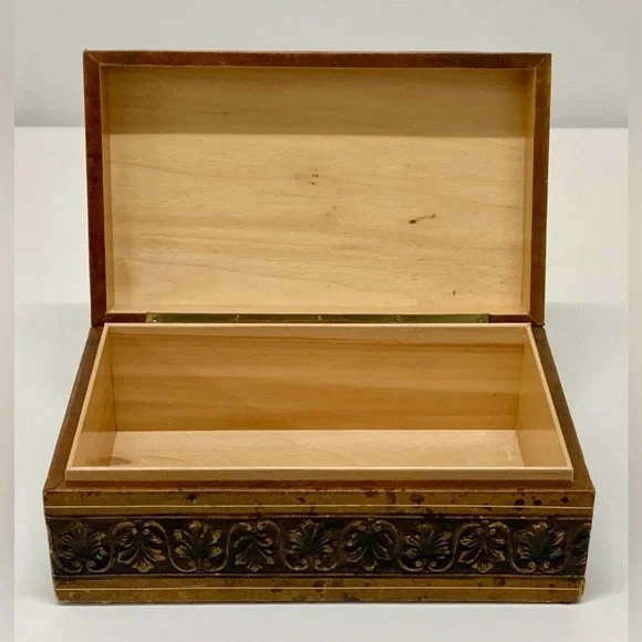 Mid Century Vintage Lion Crest Embosssed Embellished Leather Wood Jewelry Box